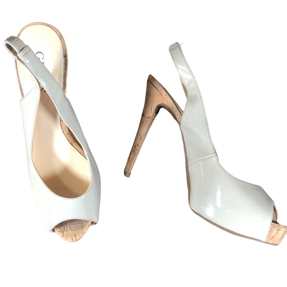 Guess 8.5 Heels Platform Cork Stiletto Patent Leather Tan Sling Back Peep Toe - Picture 11 of 11